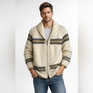 VTG Hand Made Chunky Knit Fisherman Full Zip Cozy Sweater Cardigan Cream Brown